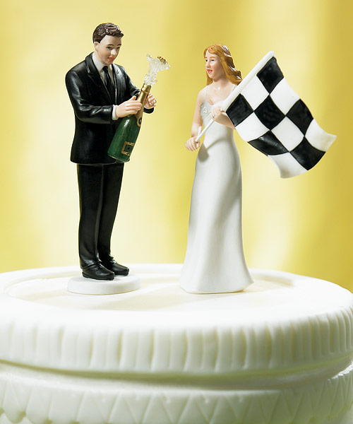 Bride "At the Finish Line" with the Checkered Flag Cake Topper