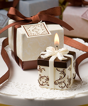 Ivory and Brown <em>Gift Box Collection</em> candle favor