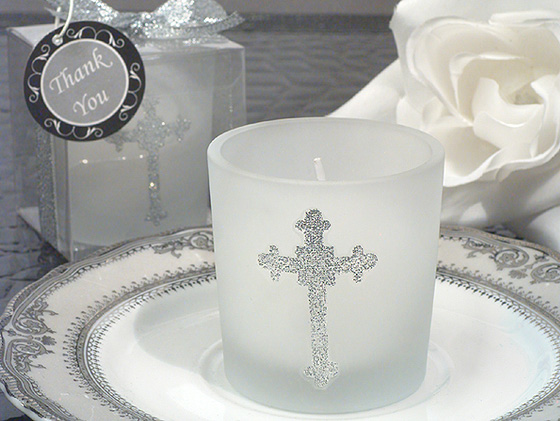 Blessed Events Cross Design Candle Holder -Silver Glitter