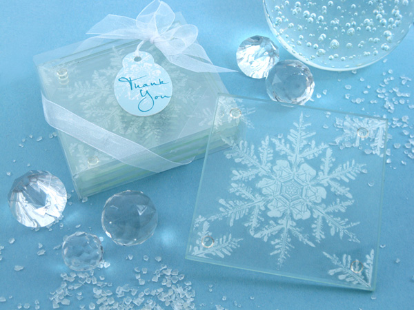 "Shimmering Snow Crystal" Frosted Snowflake Glass Coasters (Set of 4)