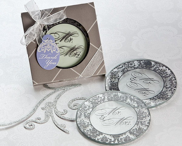 "Mr. and Mrs." Round Glass Coasters in Designer Gift Box (Set of 2)