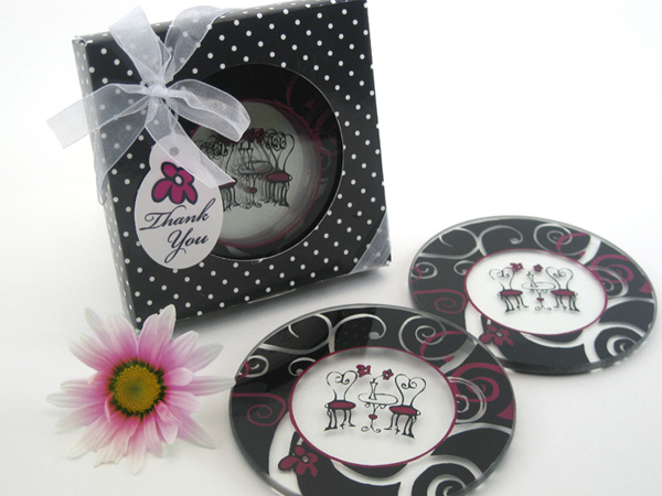 "Bistro for Two" Round Glass Coaster Favors in Designer Gift Box (Set of 2)