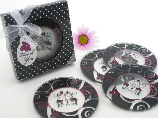 "Bistro for Two" Round Glass Coaster Favors in Designer Gift Box (Set of 4)