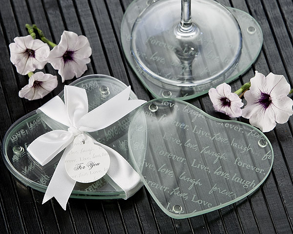 "Live Love Laugh, Forever" Heart Glass Coasters (Set of 2)