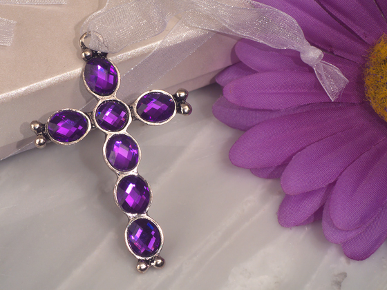 Blessed events silver cross with purple crystals