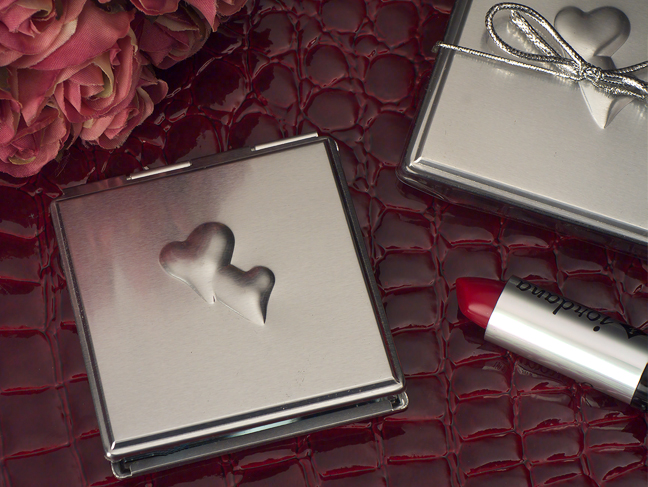 Silver Compact mirror with embossed Double Hearts