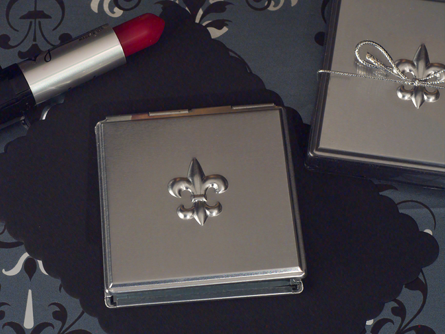 Silver Compact mirror with embossed Fleur de lis design