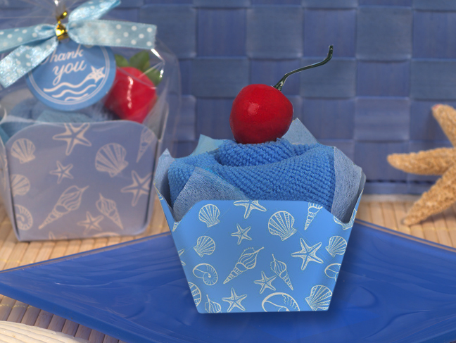Cupcake towel favor blue Seashells design
