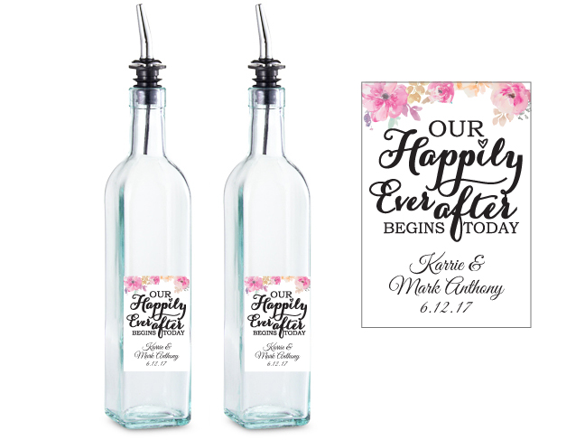 Our Happily Ever After Begins Today Personalized Glass Olive Oil Bottle Favor