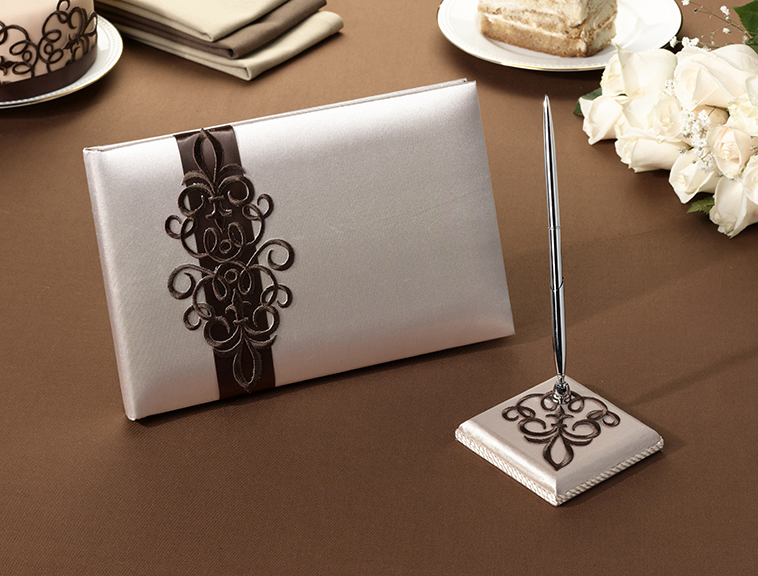 Brown Scroll Guest Book and Pen Set