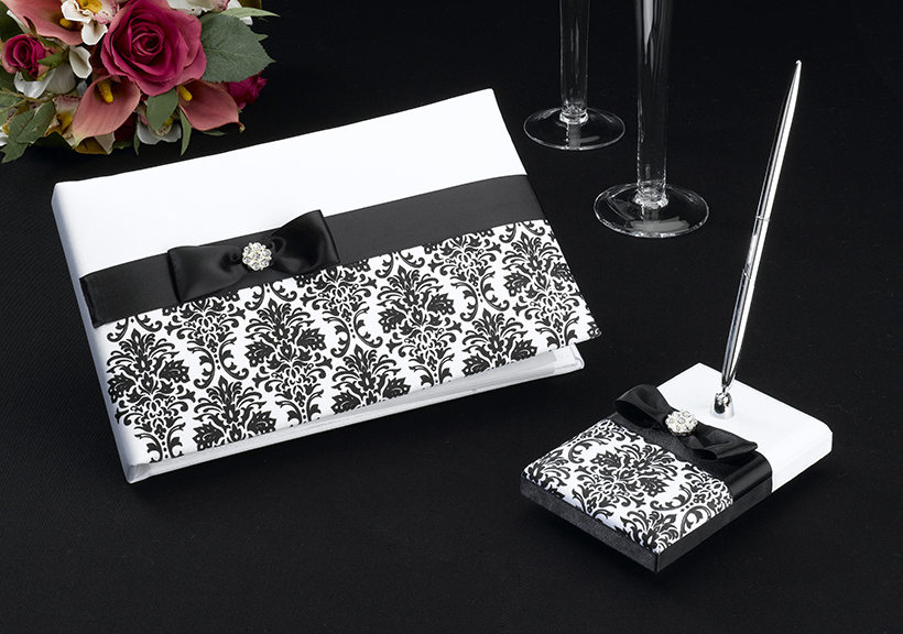 Black Damask Guest Book with Pen Set