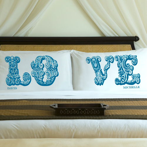 Personalized Blissful Blue LOVE Connection Pillow Case Set
