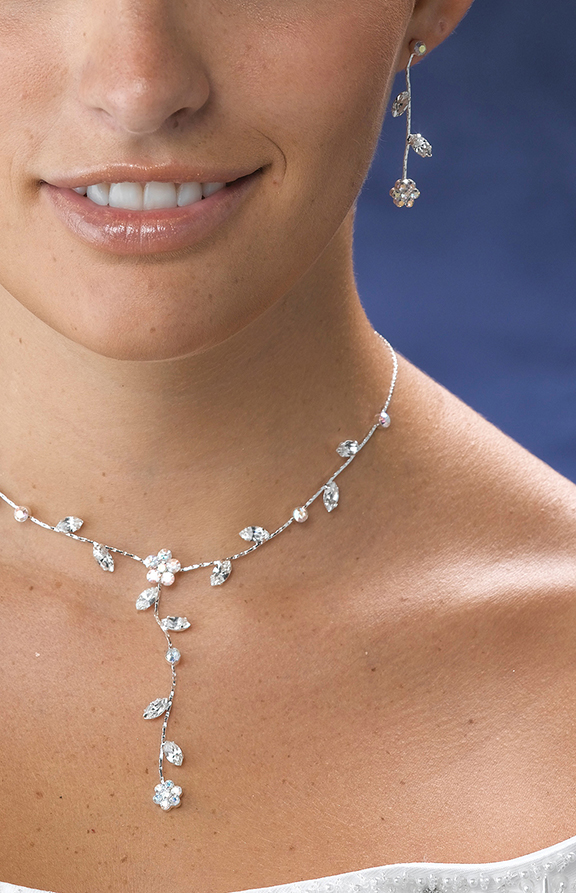 Rhinestone Flower Necklace and Earrings Set