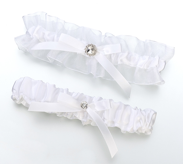 Satin Rhinestone Garter Set-White