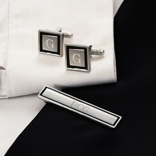 Black Border Designer Cuff Links & Tie Clip