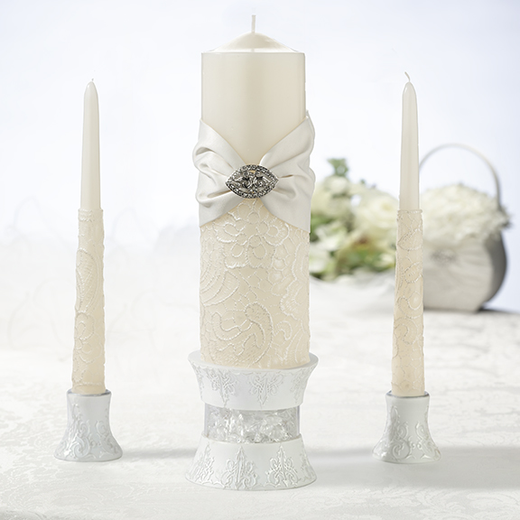 Vintage Cream Lace Pillar and Two Tapers