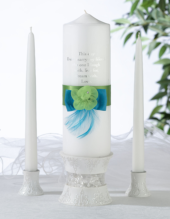 Blue & Green Pillar and Two Tapers Candle Set