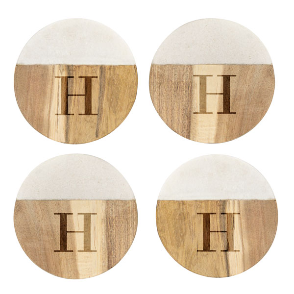 Personalized Marble & Acacia Wood Coasters, Set of 4