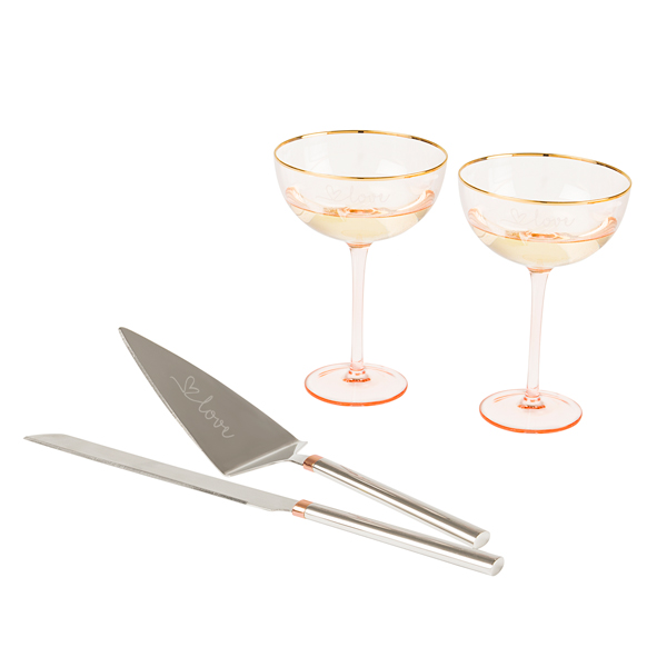 Love Blush Rose Gilded Rim Coupe Flutes and Serving Set