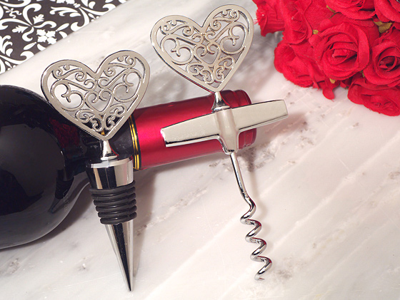 Ornate Silver Heart Wine Stopper And Opener Set
