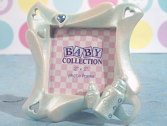 Cute Baby Bottle Frame Favor -Blue Crystal Accent