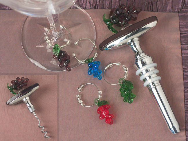 Murano art deco Grapes design Wine opener-Stopper combination with 4 piece wine charms set