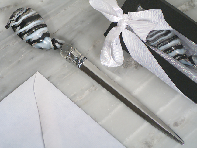 Murano art Deco letter opener silver and black Swirl design