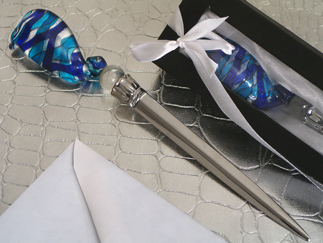 Murano art Deco letter opener blue and silver Swirl design