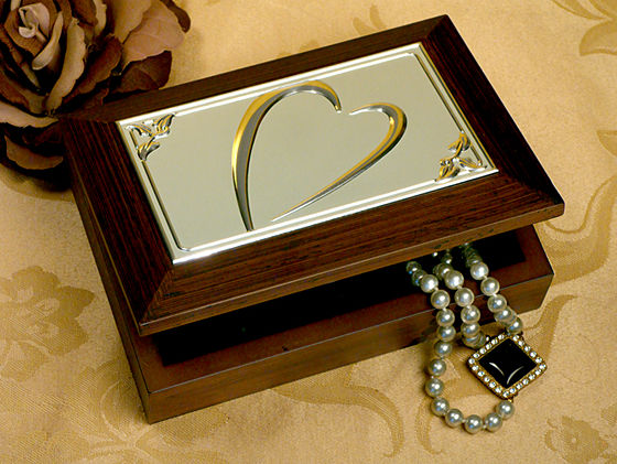 Wooden Jewelry Box With Embossed Silver Plated Heart Design