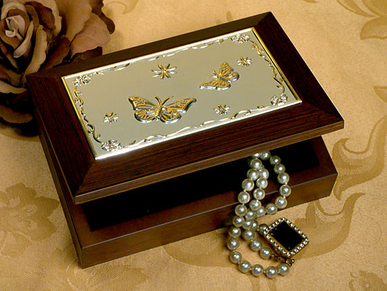 Wooden Jewelry Box With Embossed Silver Plated Butterflies Design