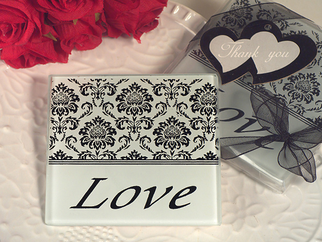 Lovely Damask And Love Glass Coasters