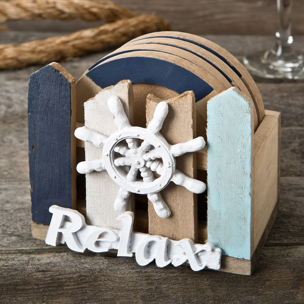 Ship's wheel coaster set with holder