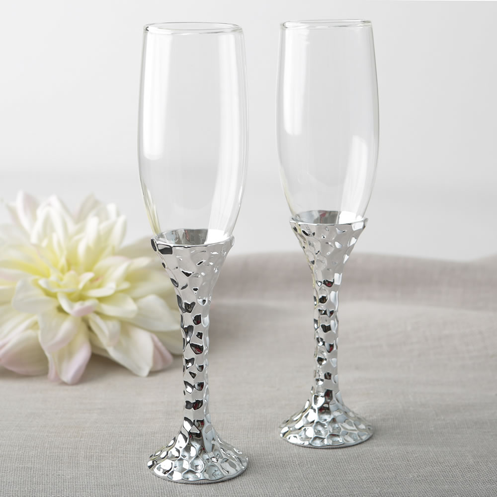 Hammered design silver stem toasting flute set
