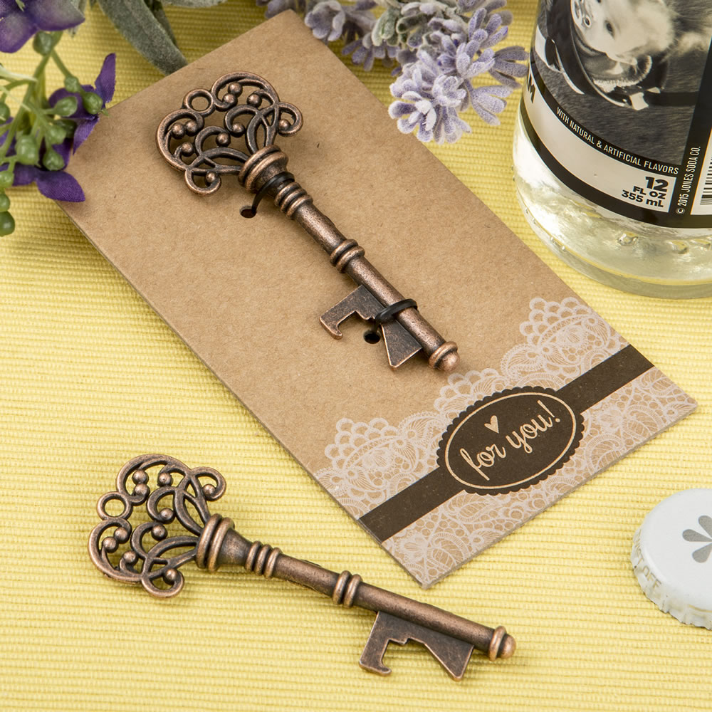Copper skeleton key bottle opener with a heavy kraft paper backer card