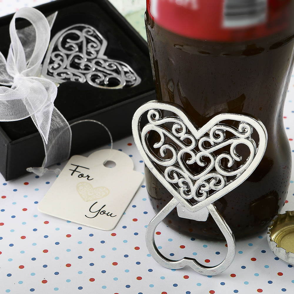 Filigree heart design chrome metal bottle opener