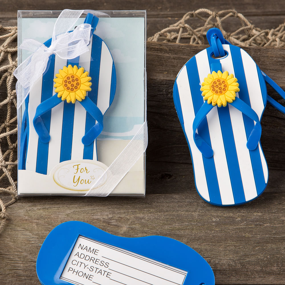 Beach themed Flip Flop luggage tags with a blue and white striped design