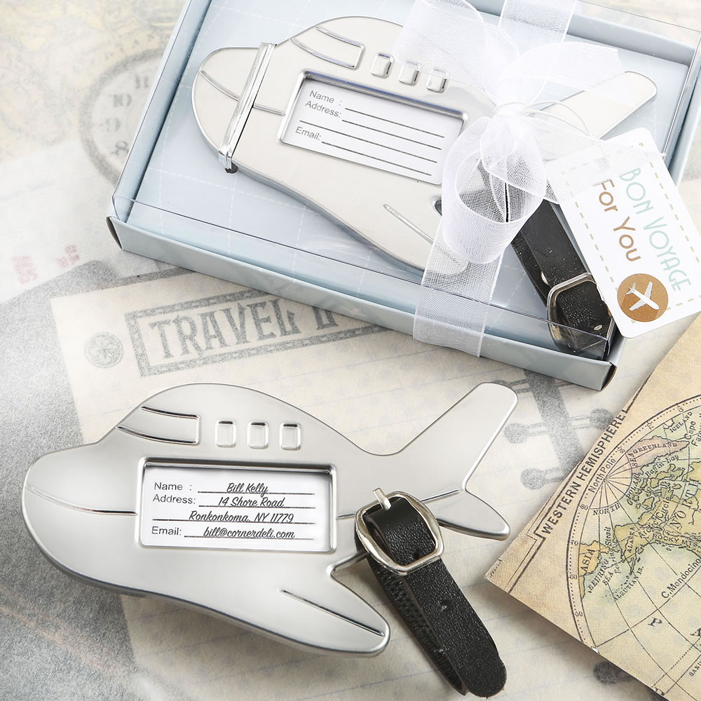 Adorable silver metal airplane luggage tag