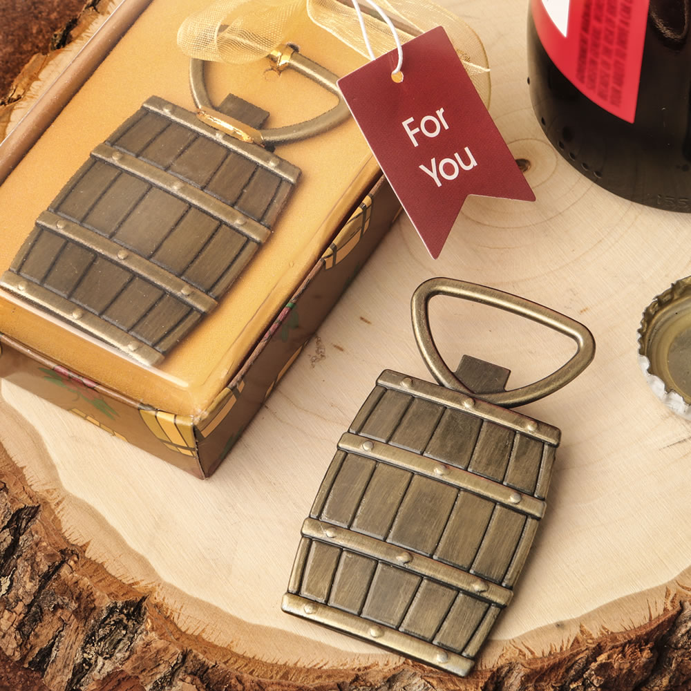 Beer / wine barrel design metal bottle opener in a brass finish
