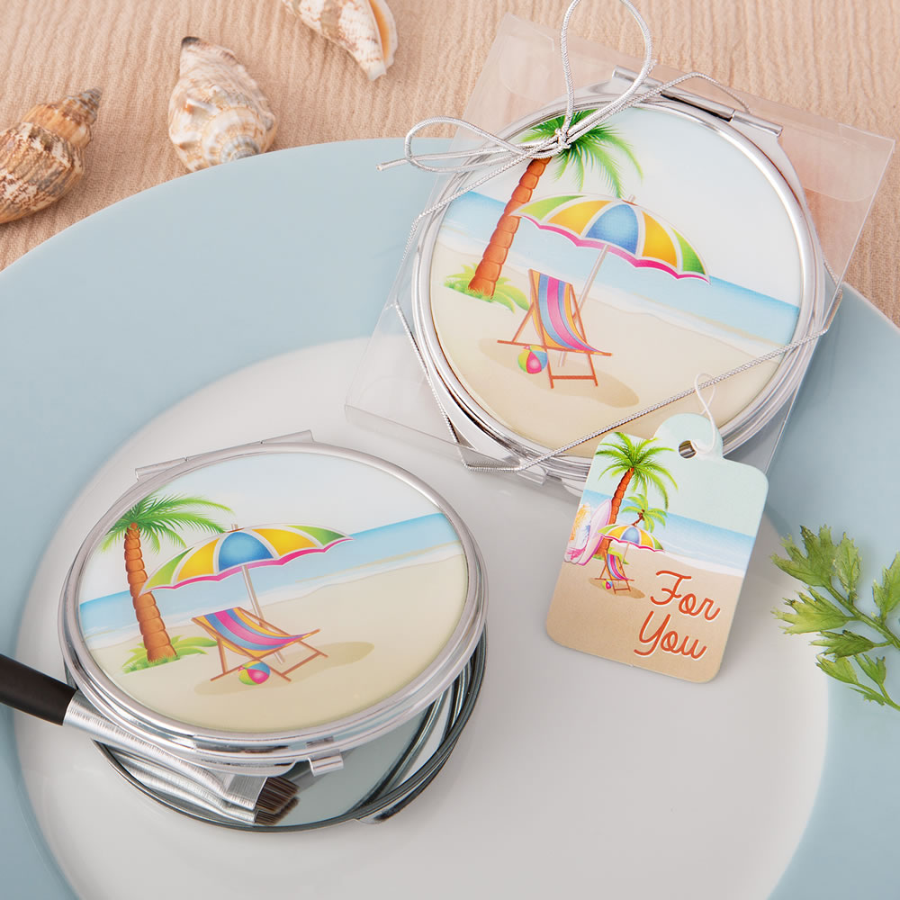Beach design silver metal compact mirror with epoxy top