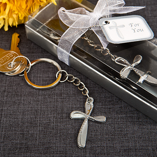 Metal cross key chain with beaded design