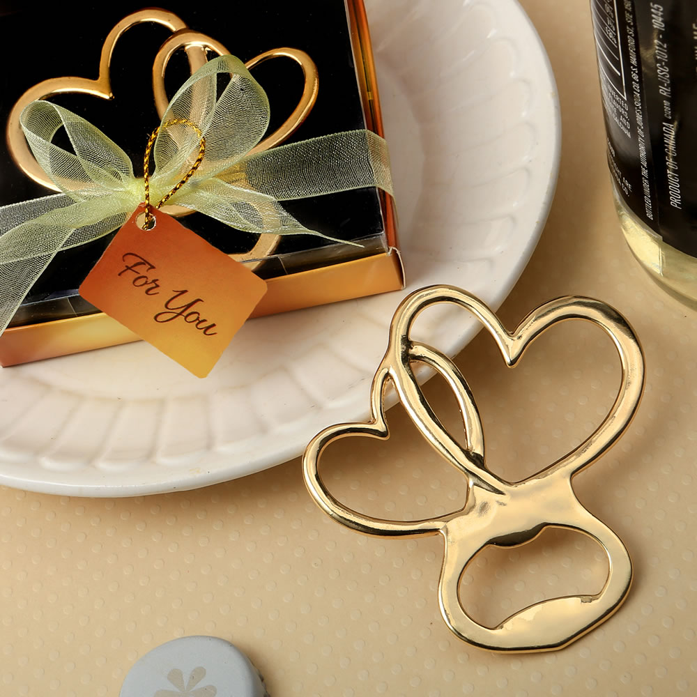 Metal double heart bottle opener with gold finish