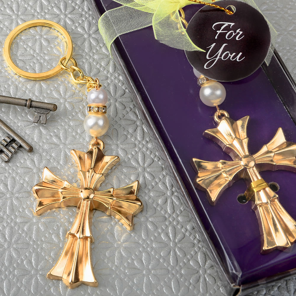 Ornate Flared cross keychain with a gold finish