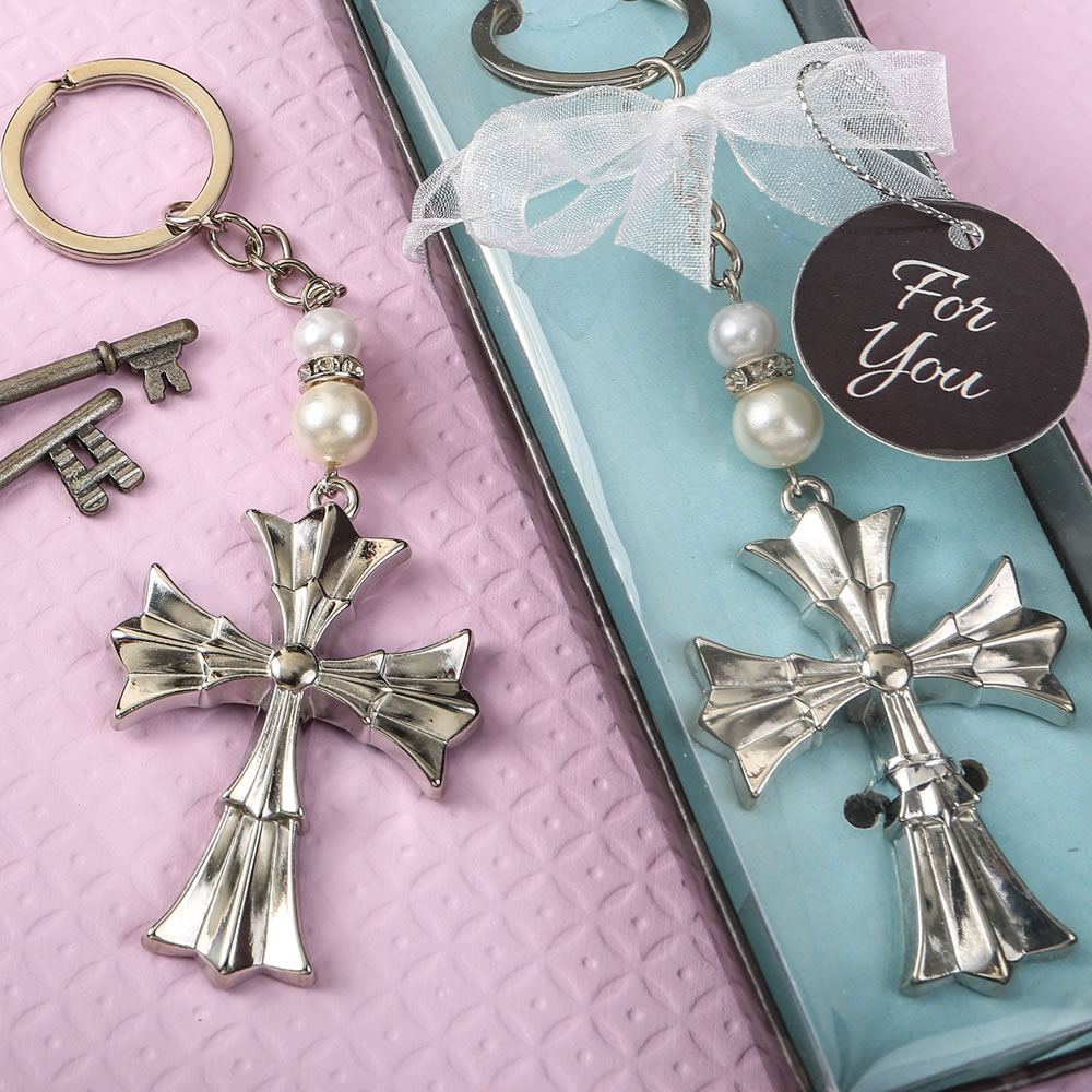 Ornate Flared cross keychain with a silver finish