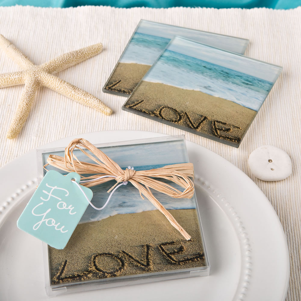 Beach Love themed set of 2 glass coasters