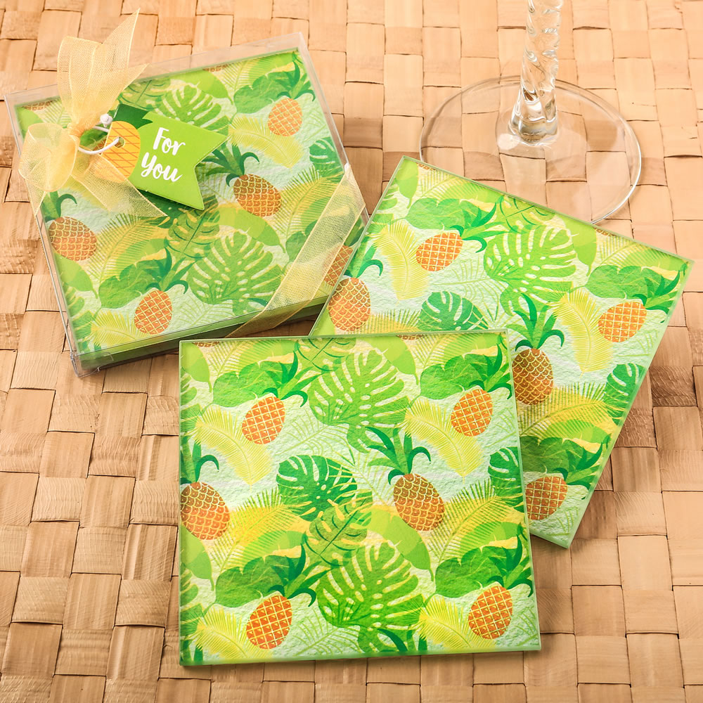 Tropical Pineapple Themed Glass Coasters (Set of 2 )