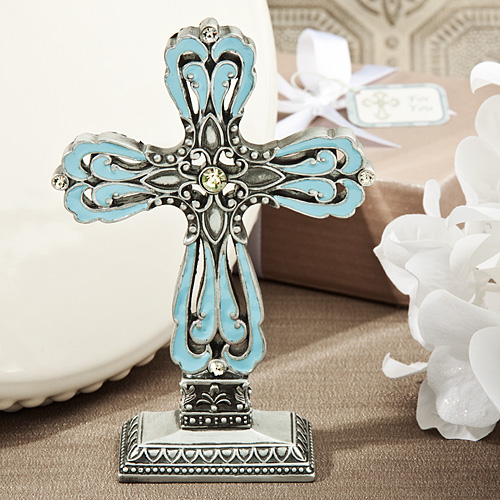 Striking blue and pewter color cross statue