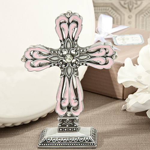Striking pink and pewter color cross statue