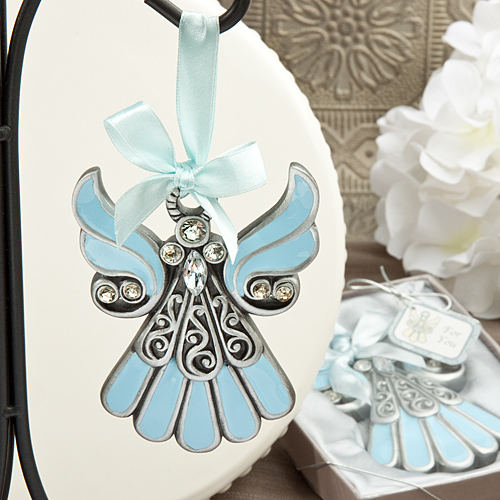 Shimmering blue and pewter color angel ornaments