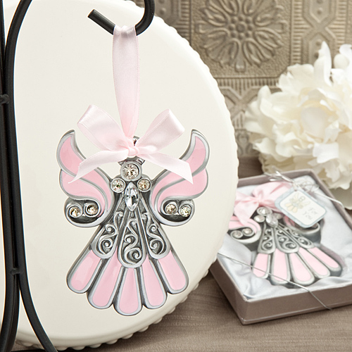 Shimmering pink and pewter color angel ornaments