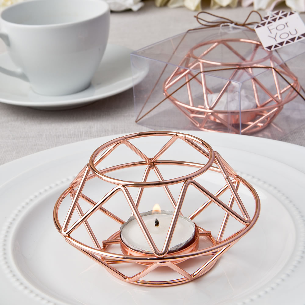 Geometric design rose gold metal tealight candle holder